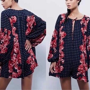Free People Sunset Boulevard Floral Peasant Romper Oversized Long Sleeve - XS